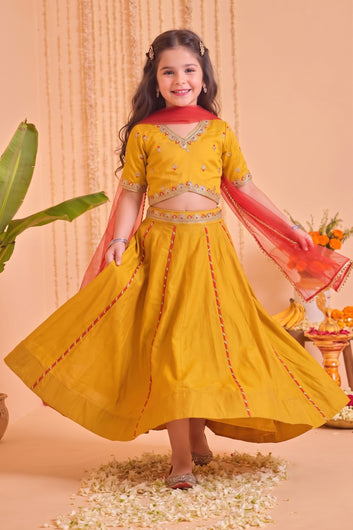 Girls Mustard Roman Silk Embroidered Lehenga Choli With Dupatta Set Traditional 3-Piece Festive Outfit for Kids