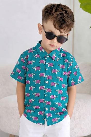 Boys Multicolor Cotton Blend Animal Printed Shirt For Summer Outfit