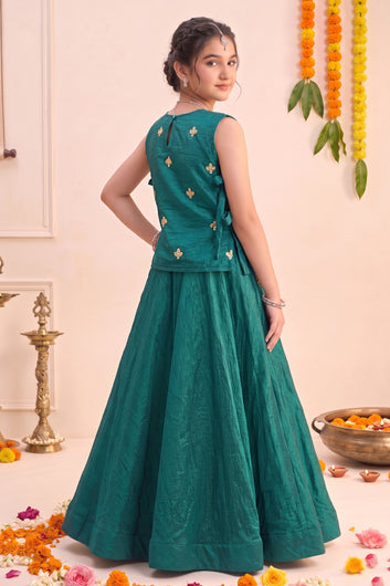 Girl's Rama Silk Blend Embroidered Sleeveless Top Style Choli and Inner Top with Flared Lehenga For Traditional Look