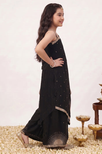 Girls Black Silk Blend Ethnic Motifs Kurta and Palazzo With Dupatta For Asymmetrical Cape-Style kurta Set