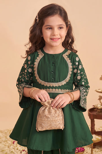 Girls Bottle Green Roman Silk kurta Dhoti Pant Set Ethnic Wear