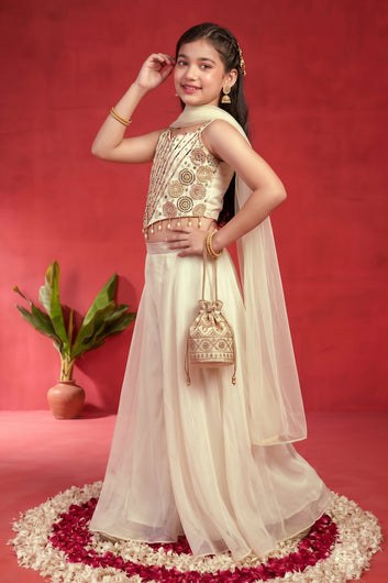 Girls Off White Silk Blend Bead Work Embroidered Crop Top And Palazzo with Inner Top & Dupatta Set For Traditional Look