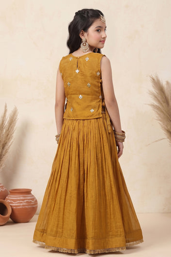 Girl's Brown Silk Blend Embroidered Sleeveless Top Style Choli with Side Knot and Flared Lehenga For Traditional Look