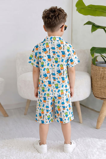Boys Multicolor Cotton Blend Printed Shirts and Shorts Set For Casual Wear