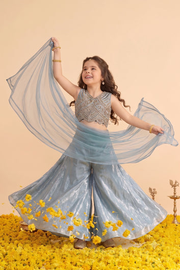 Baby Blue Silk Blend Embroidered Scalloped Hem Top and Flared Palazzo with Dupatta Set