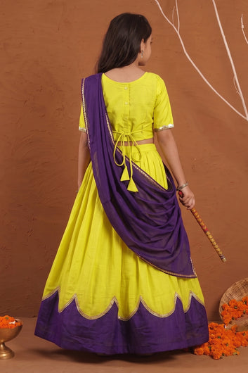 Girls Yellow Silk Blend Floral Embroidered Lehenga Choli With Dupatta Set for festive look