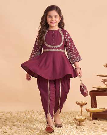 Girls Dark Purple Silk Blend kurta and Dhoti Pant Ethnic Wear