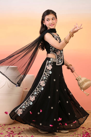 Girls Black Silk Blend Floral Sequin Embroidered Crop Top and Palazzo With Dupatta Set For Ethnic Look