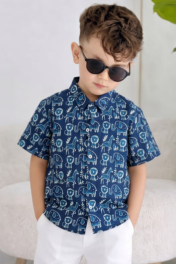 Boys Multicolor Cotton Blend Animal Printed Shirt For Summer Outfit