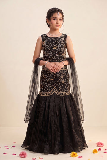 Girls Black Silk Blend Bead Embroidery Lehenga Choli With Dupatta Ethnic Set