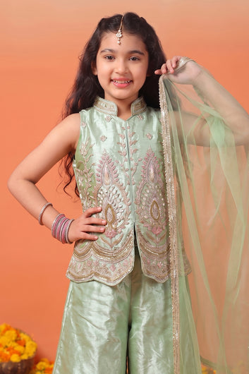 Girls pista Silk Blend Bead work and Embroidered Top and Palazzo with Dupatta Ethnic Set