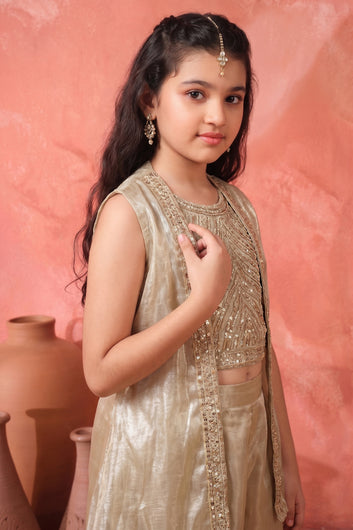 Girls Chikoo Silk Blend Bead Embroidered Crop Top and Palazzo With Shrug Girls Indo western Set