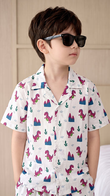 Boys White Cotton Blend Animal Motifs Printed Shirts and Shorts Set For Summer Trend