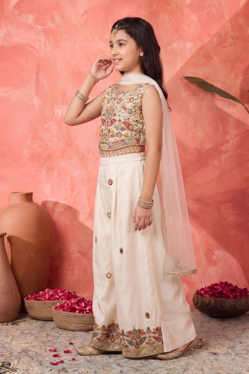 Girls White Silk Blend Sequin Embroidery Crop Top and Palazzo With Dupatta Ethnic Set