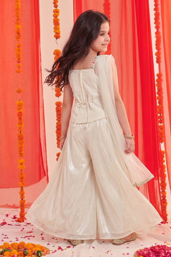 Baby Off White Silk Blend Bead Embroidery Work High Low Style Kurta Palazzo Set with Net Dupatta For Wedding Wear