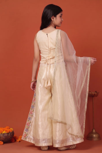 Girls Chickoo Silk Blend Embroidered Top and Palazzo with Dupatta Girls Ethnic Set