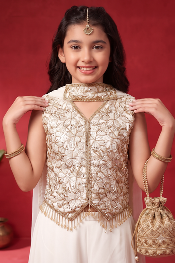 Girls Off White Georgette Crop Top And Palazzo With Dupatta For Trendy Look