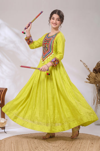 Girls Lemon Silk Blend Floral Embroidered Fit and Flare Dress For Traditional Look