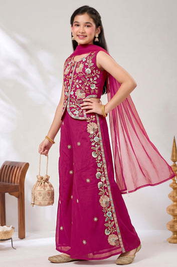 Girls Rani Silk Blend Floral Sequin Embroidered Crop Top and Palazzo With Dupatta Set For Ethnic Look