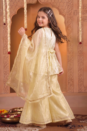 Girls Off white Embroidered Kurta and Palazzo With Dupatta Set For Ethnic Wear