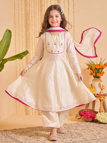 Girls Off White Silk Blend Floral Embroidery Kurta and Palazzo With Dupatta Traditional Ethnic Set