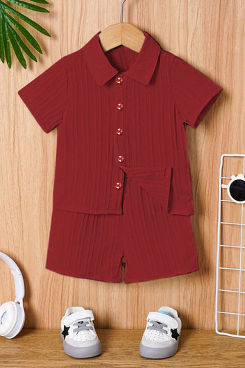 Boys Maroon Cotton Blend Striped Printed Shirt With Short Pant Set