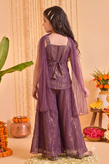 Baby Lavender Silk Blend Bead Embroidery Work High Low Style Kurta and Palazzo and Net Dupatta Girls Ethnic Wear