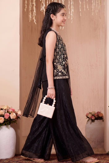 Girls Black Silk Blend Indo Western 3-Picec Palazzo Set With Cut Dana Sequin Work