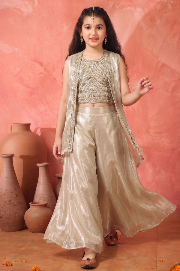 Girls Chikoo Sequin Bead Work Crop Top and Palazzo With Shrug Ethnic Set