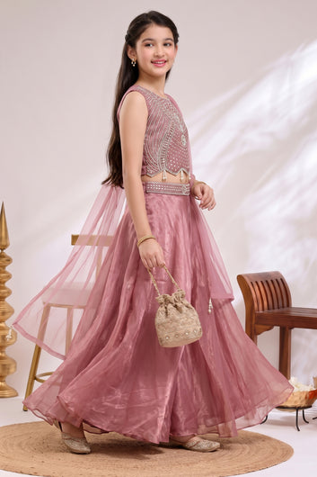 Girls Light Pink Silk Blend Sequin Bead Work Crop Top and Palazzo With Dupatta Set For Stylish Look