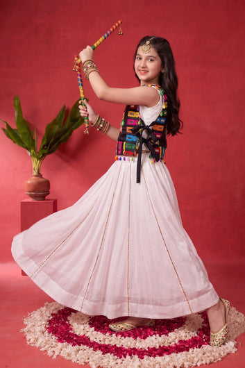 Girls Off white Silk Blend Embellished Lehenga and Choli with Inner Top for traditional Look
