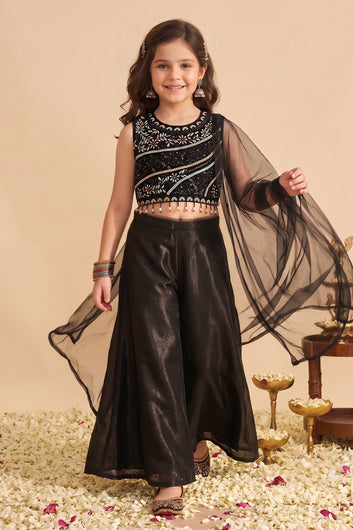Baby Black Silk Blend Sequin Embroidery Crop Top and Flared Palazzo with Dupatta Ethnic Set