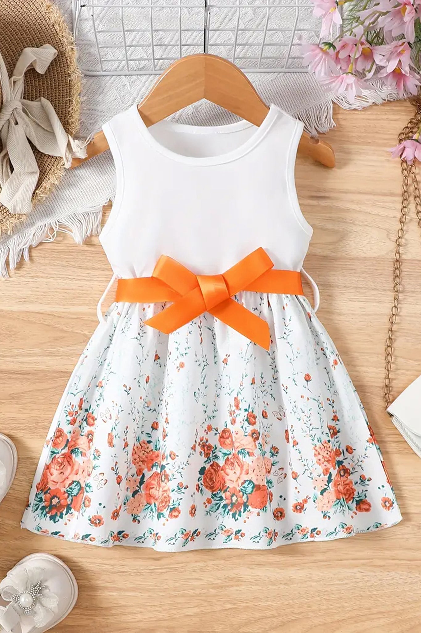 Girls Orange Cottton Blend Floral Printed Fit And Flare Knee Length Dress