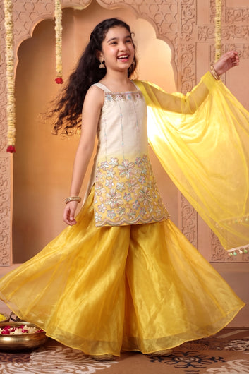 Girls Yellow Silk Blend Floral Sequin Embroidered Kurta Palazzo with Inner and Dupatta Ethnic Set