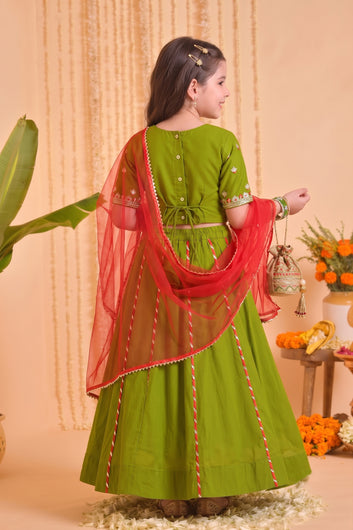 Girls Mehndi Roman Silk Embroidered Lehenga Choli With Dupatta Set Traditional 3-Piece Festive Outfit for Kids