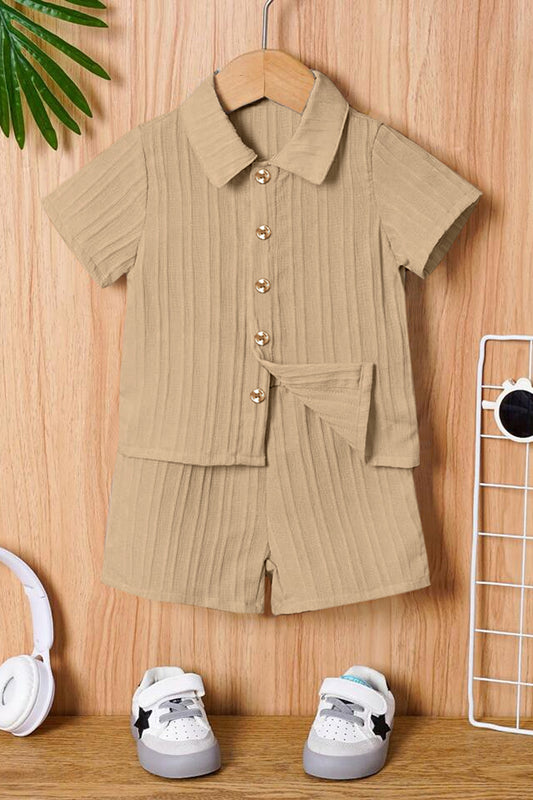 Boys Beige Cotton Blend Striped Printed Shirt With Short Pant Set