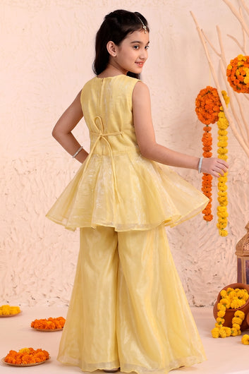 Girls Yellow Silk Blend Festive Wear Palazzo Set with Sequin Bead Embroidery Work - Peplum Kurta, Flared Palazzo & Dupatta
