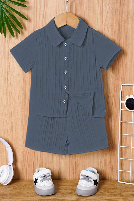 Boys Grey Cotton Blend Striped Printed Shirt With Short Pant Set