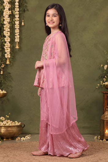 Girls Lavender Silk Blend Ethnic Wear Palazzo Set with Sequin Bead Embroidery Work - Peplum Kurta, Flared Palazzo & Dupatta