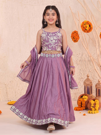 Girls Purple Silk Blend Floral Embroidered Lehenga and Choli With Dupatta Festive Set For Girls