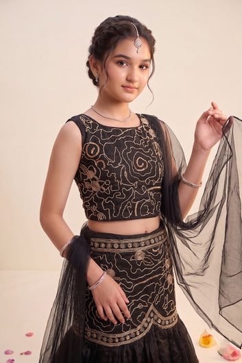 Girls Black Silk Blend Bead Embroidery Lehenga Choli With Dupatta Ethnic Set