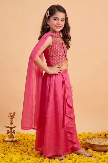 Girls Rani Embroidered Crop Top and Skirt With Dupatta For Festive wear