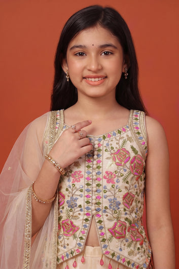 Girls Chickoo Silk Blend Embroidered Top and Palazzo with Dupatta Girls Ethnic Set