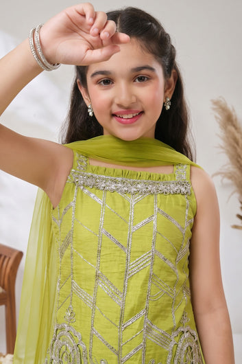 Girls Lemon Silk Blend Kurta, Palazzo And Top Inner With Dupatta Set Diwali Outfit