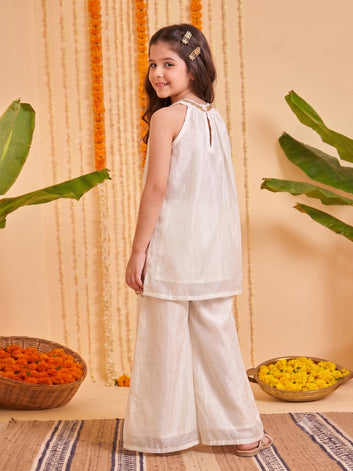 Girls White Silk Blend Bead Embroidered Work Top and Palazzo For Festive Outfit
