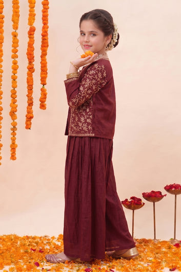 Girls Maroon Silk Blend Embroidered Crop Top with Shrug and Palazzo Girls Ethnic set