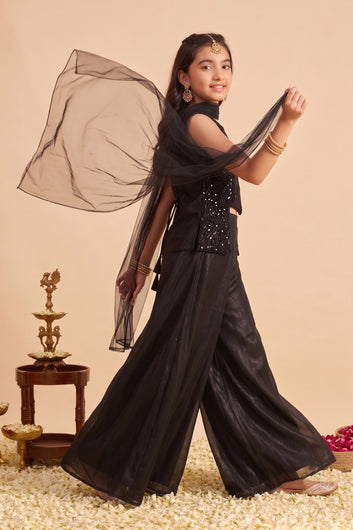 Girls Black Silk Blend Embroidered Top and Palazzo With Dupatta For Trendy Ethnic Set