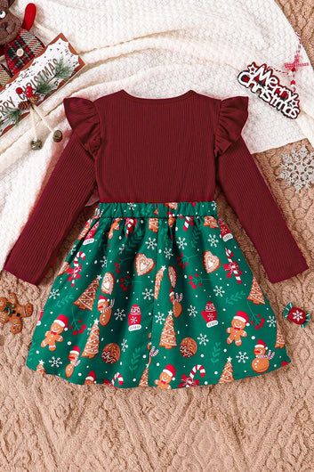 Girls Maroon Cottton Blend Christmas Printed Fit And Flare Knee Length Dress