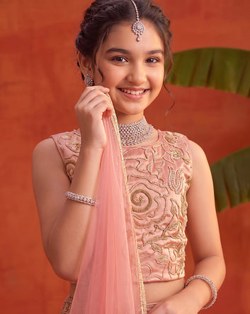 Girls Peach Silk Blend Bead Work Lehenga Coli With Dupatta Ethnic Set