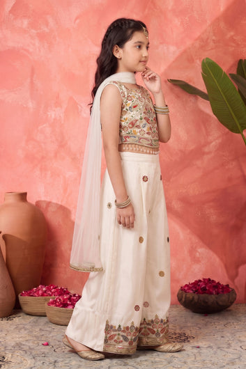 Girls White Silk Blend Sequin Embroidery Crop Top and Palazzo With Dupatta Ethnic Set